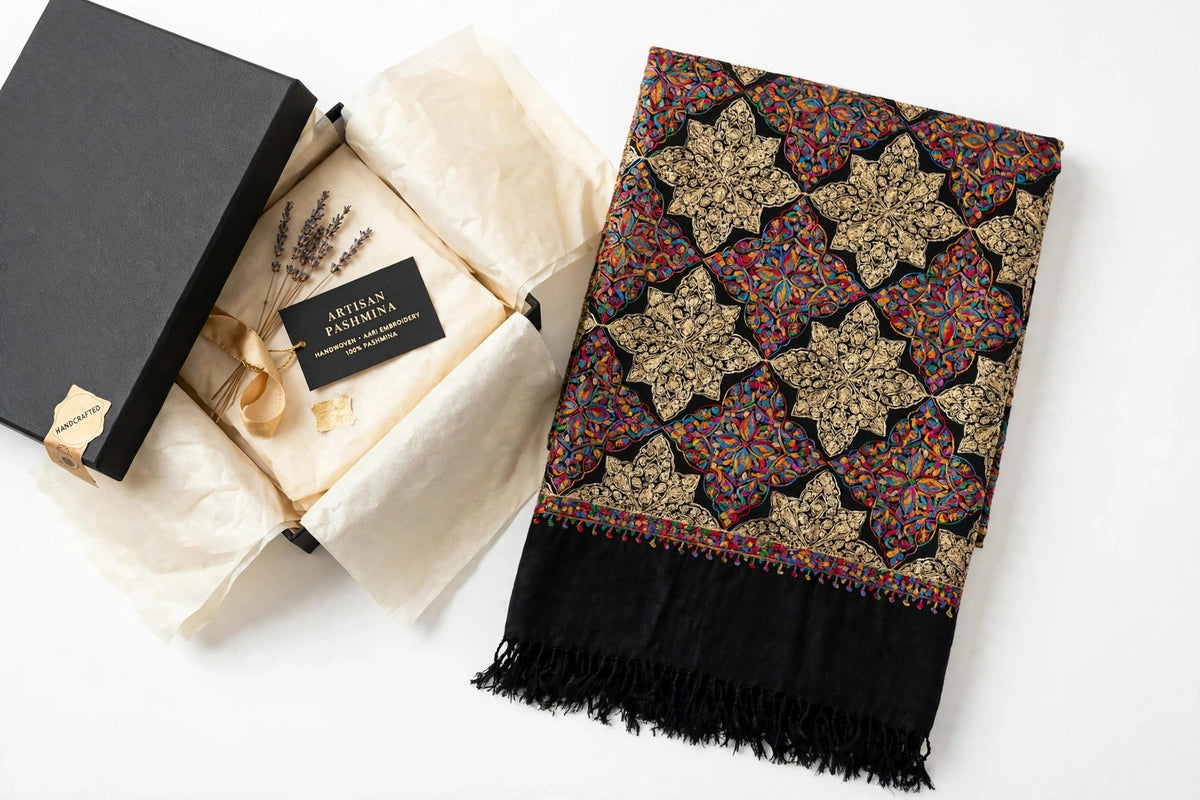 Black Noor Embroidered Pashmina Shawl