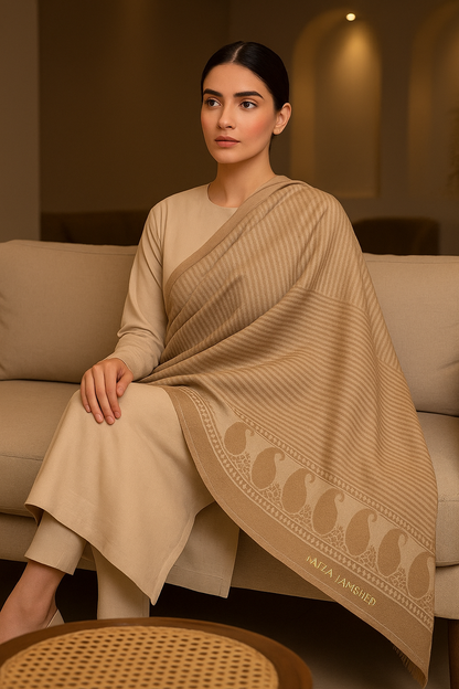 Elegant Beige Pashmina Shawl with Paisley Border