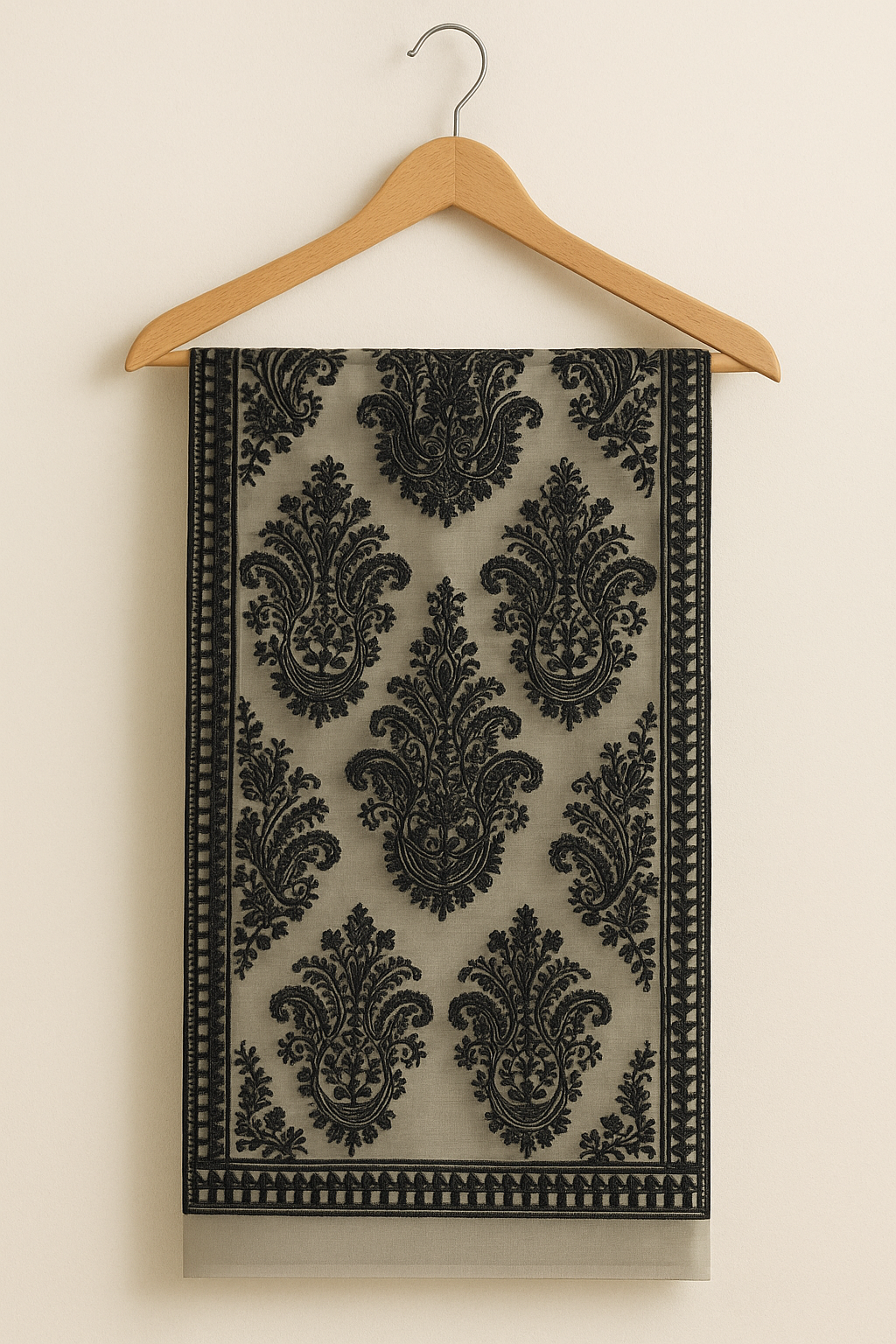 Soft Organza Aari Embroidery Dupatta  Black on Off-White