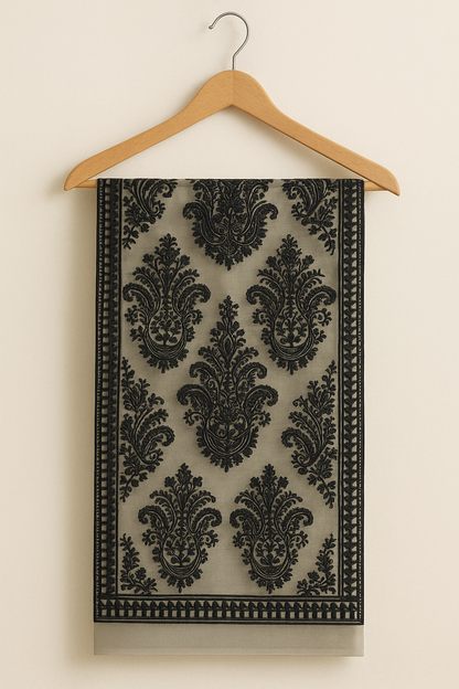 Soft Organza Aari Embroidery Dupatta  Black on Off-White