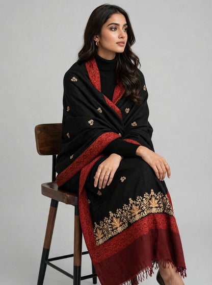 Noor-e-Chinar - Black & Maroon Gold Embroidered Pashmina Shawl Authentic Kashmiri Booti Shawl