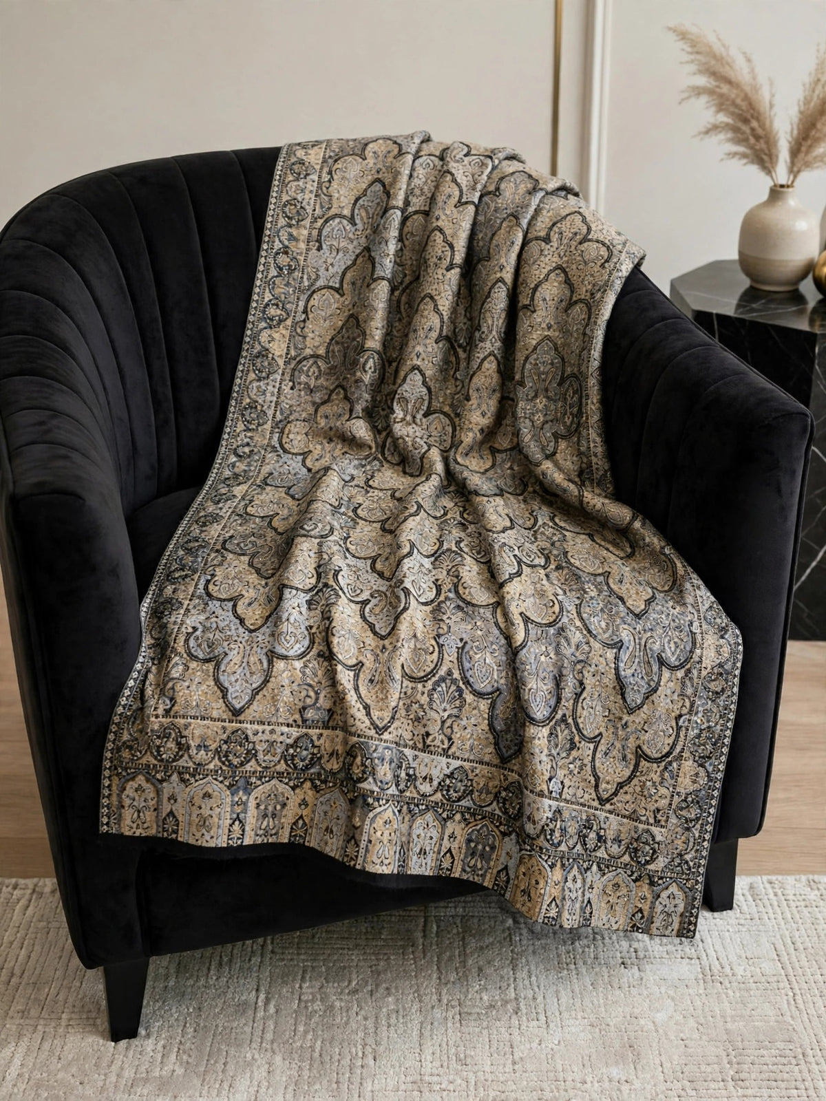 Luxury Black Gold Kani Silk Pashmina Shawl with Zari | Handmade Kashmiri Jama Shawl