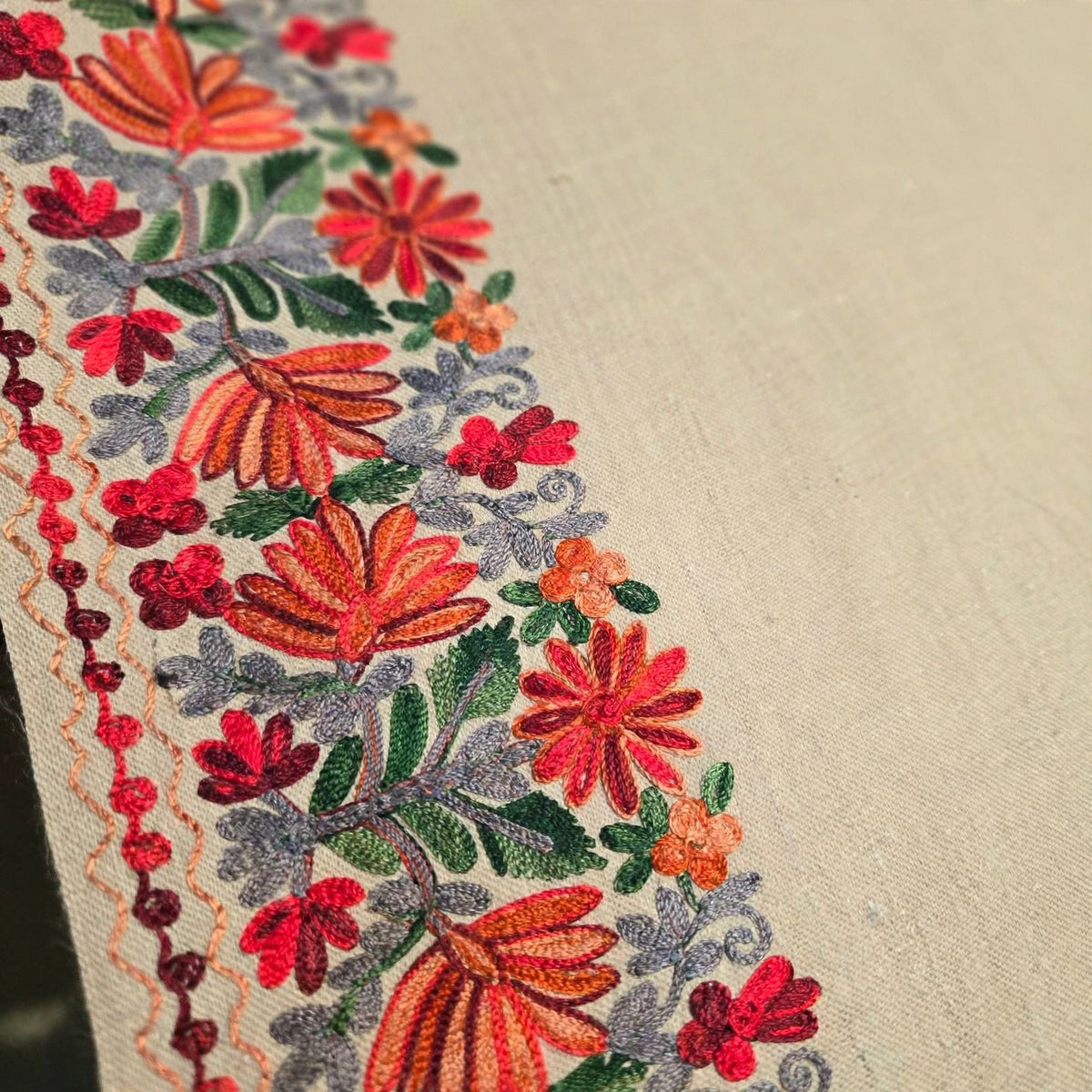 Beige Bloom - Pure Pashmina Aari Embroidered Shawl | Handmade Kashmiri Floral Border
