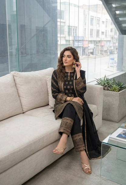 Midnight Gold Hand-Block Printed Cotton Lawn Set