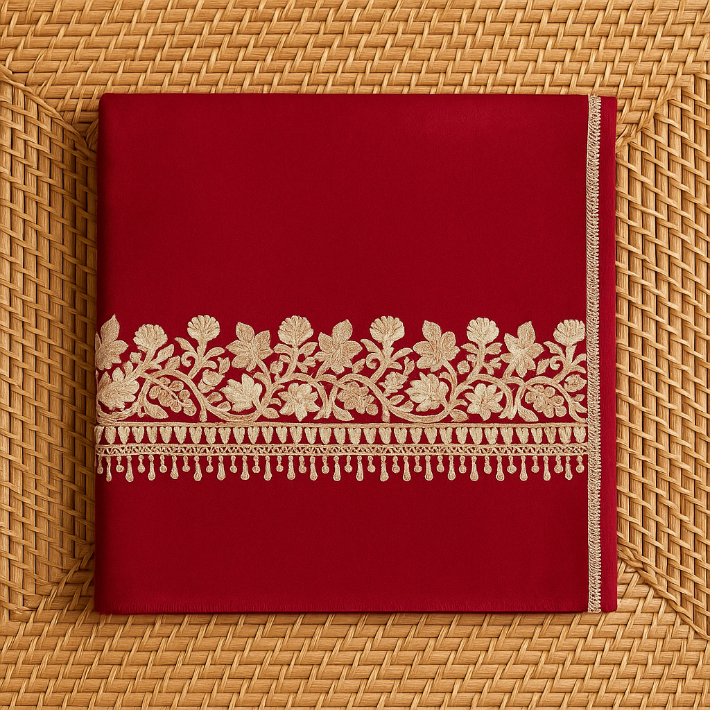 Maroon Pashmina Shawl with Golden Aari Embroidery Border
