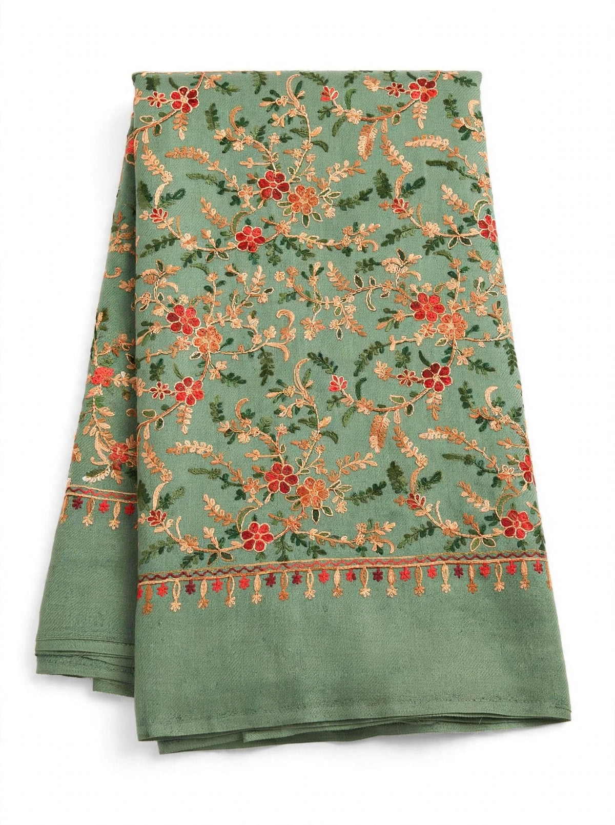 Sage Green All-Over Embroidered Pashmina Shawl - Kashmiri Aari Jaal Work