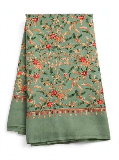 Sage Green All-Over Embroidered Pashmina Shawl - Kashmiri Aari Jaal Work