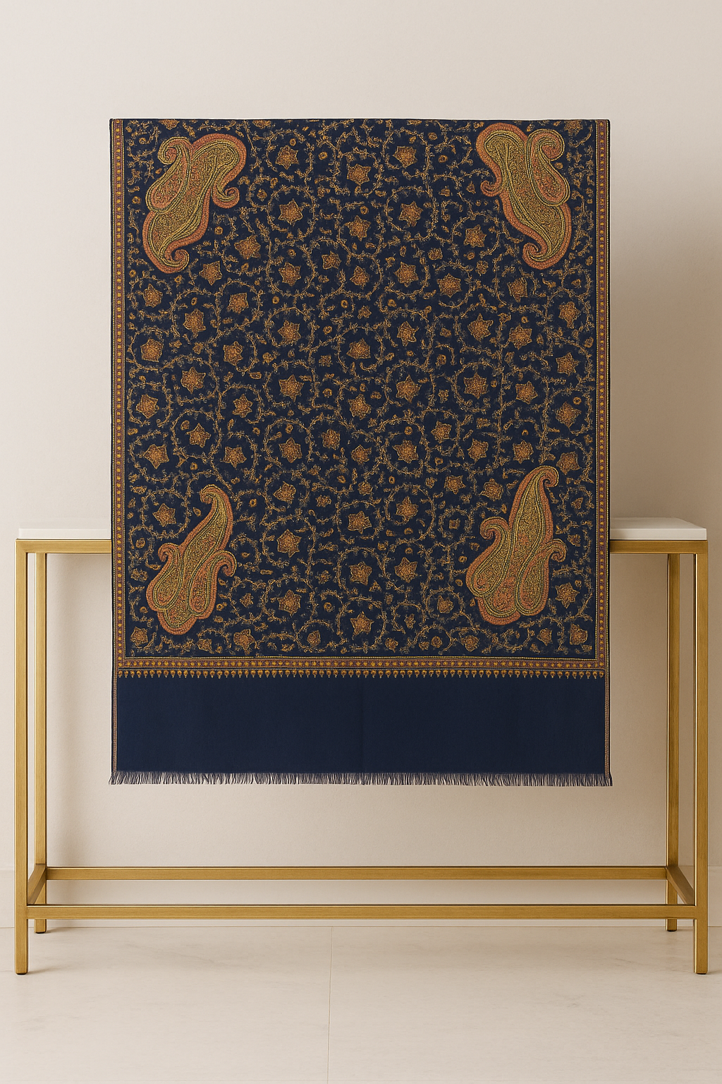 Luxury Navy Blue Pashmina Shawl  Handcrafted Sui Embroidery with Paisley & Floral Motifs