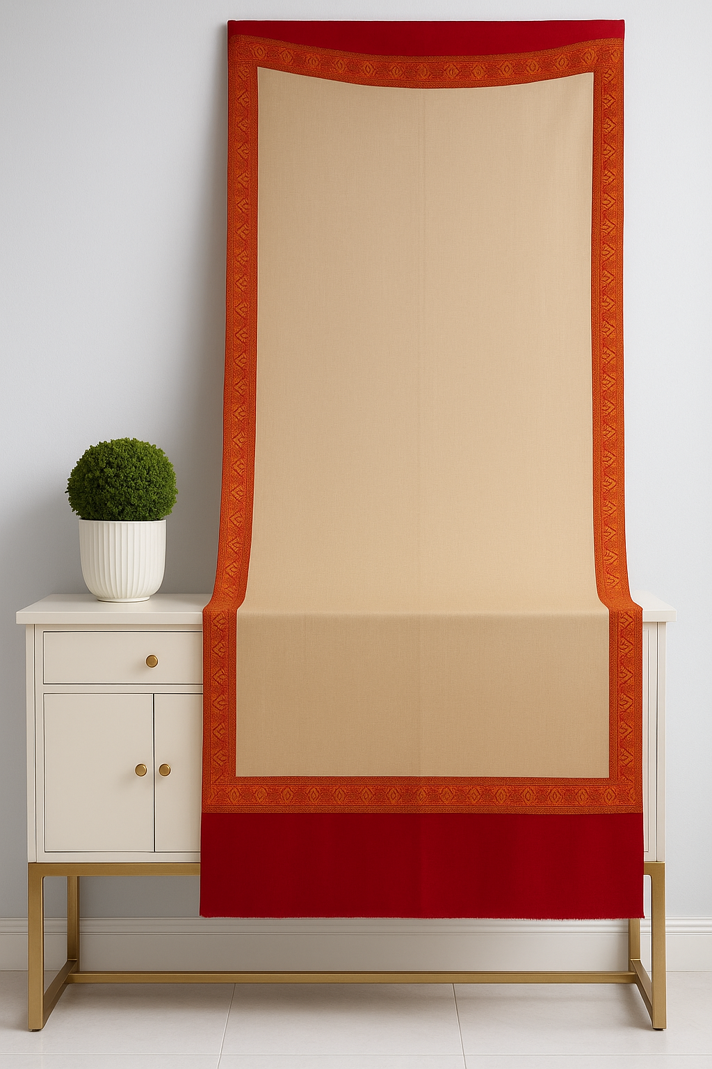 Luxury Pashmina Shawl with Red Contrast Border & Beige Center