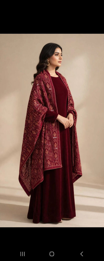 Burgundy Velvet Pakistani Dress with Heavily Embroidered Shawl