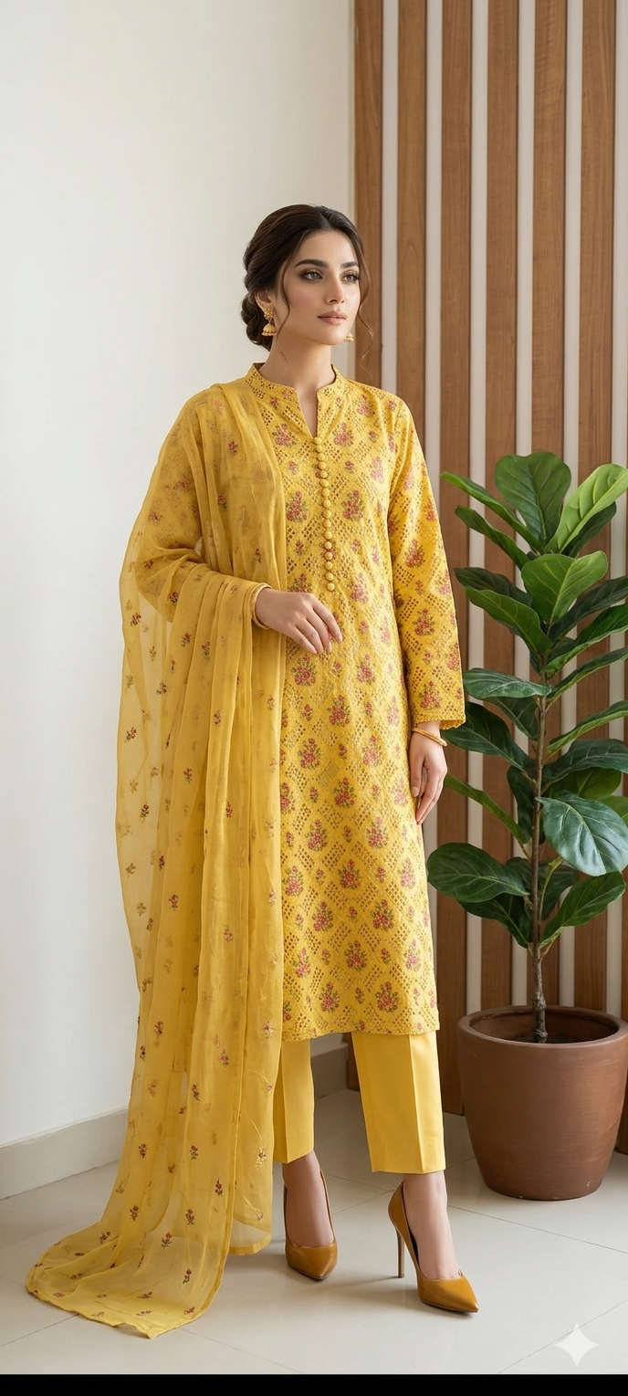 Bareeze Embroidered Cutwork Lawn  Vibrant Yellow
