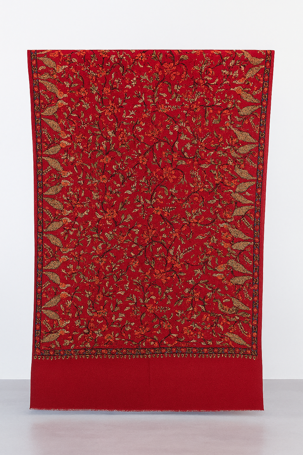 Luxury Red Pashmina Aari Embroidered Shawl Floral & Bird Motif