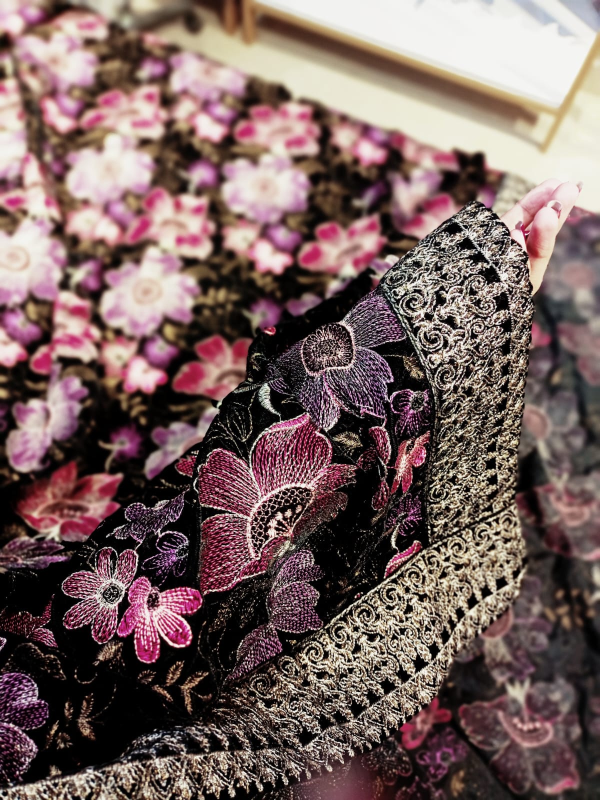 Velvet embroidered shawl