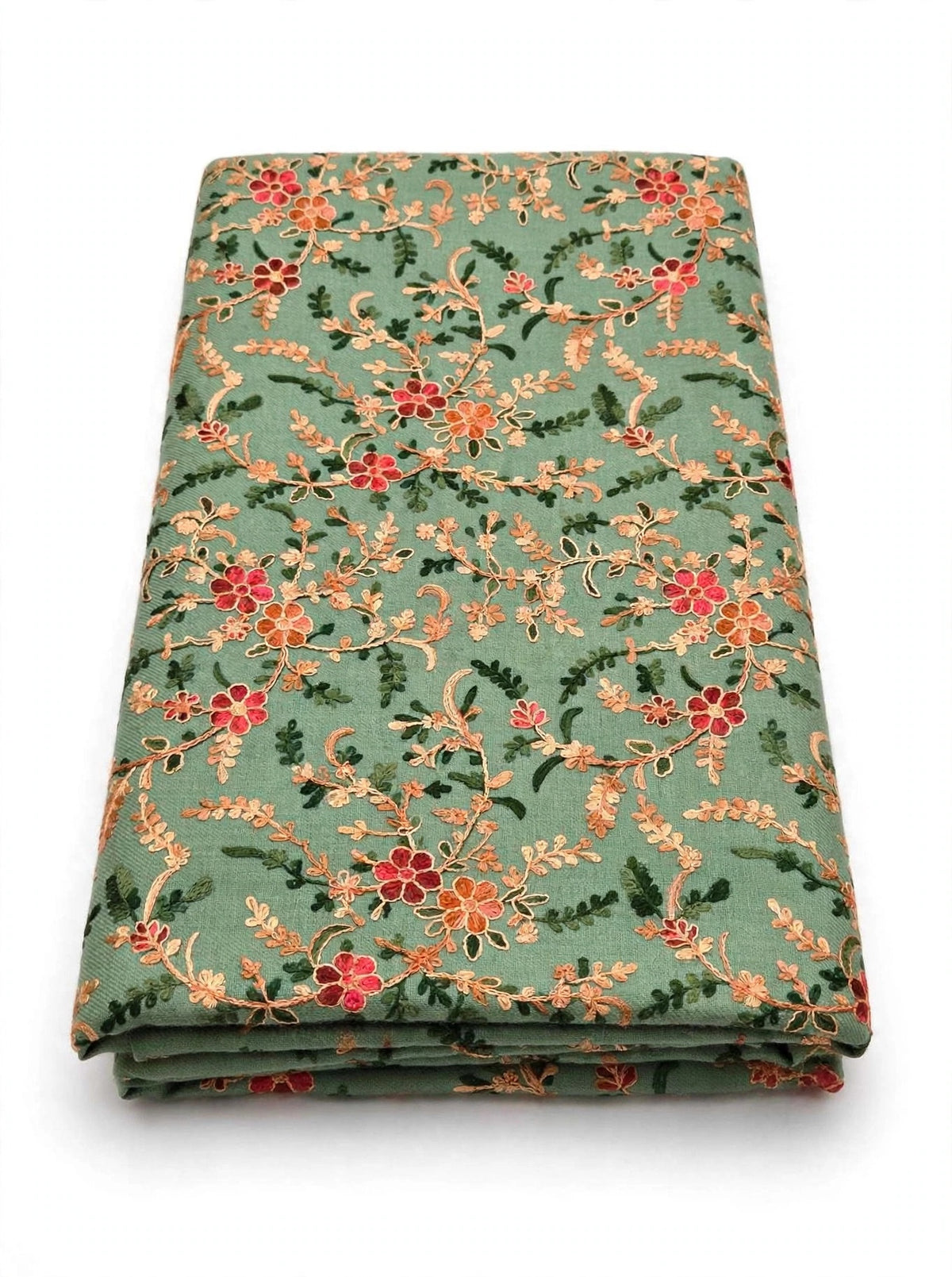 Sage Green All-Over Embroidered Pashmina Shawl - Kashmiri Aari Jaal Work