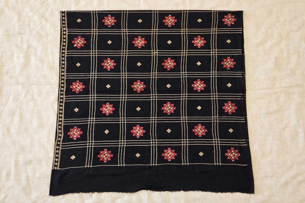 Noir Heritage - Black Embroidered Check Shawl with Red Motif