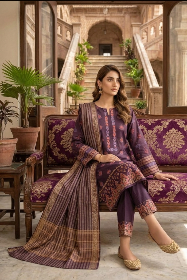 Royal Mauve Hand-Block Printed Lawn Ensemble