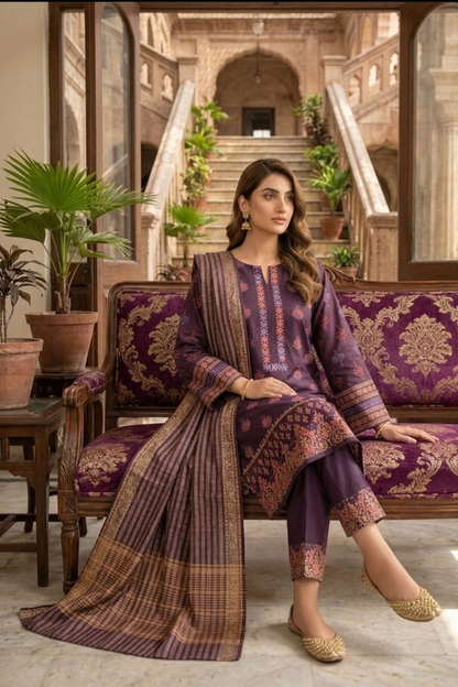 Royal Mauve Hand-Block Printed Lawn Ensemble