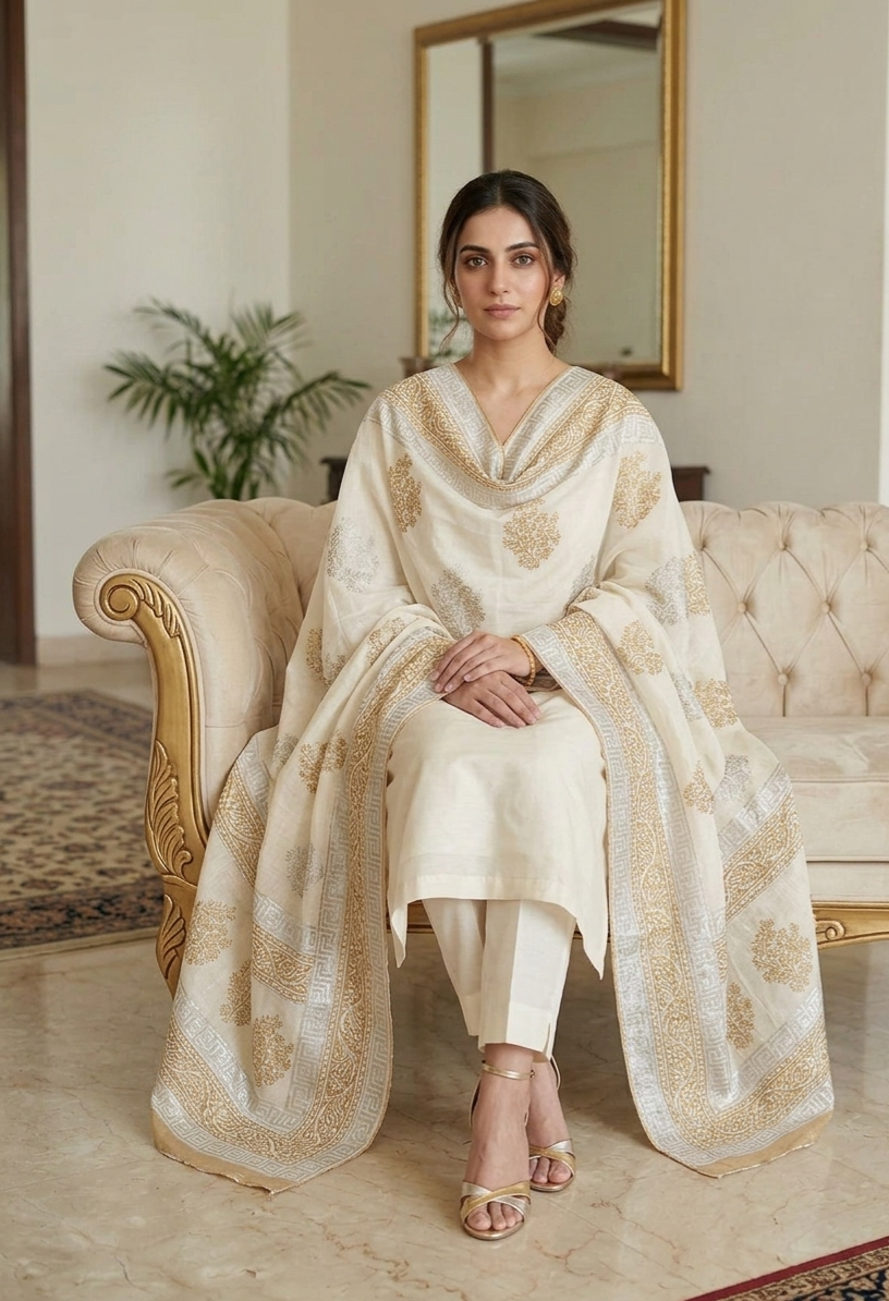 Hand-Block Printed Cotton Net Dupatta with Greek Key & Floral Border