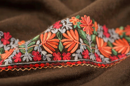 Noor - Mocha Brown Pure Pashmina Aari Embroidered Border Shawl