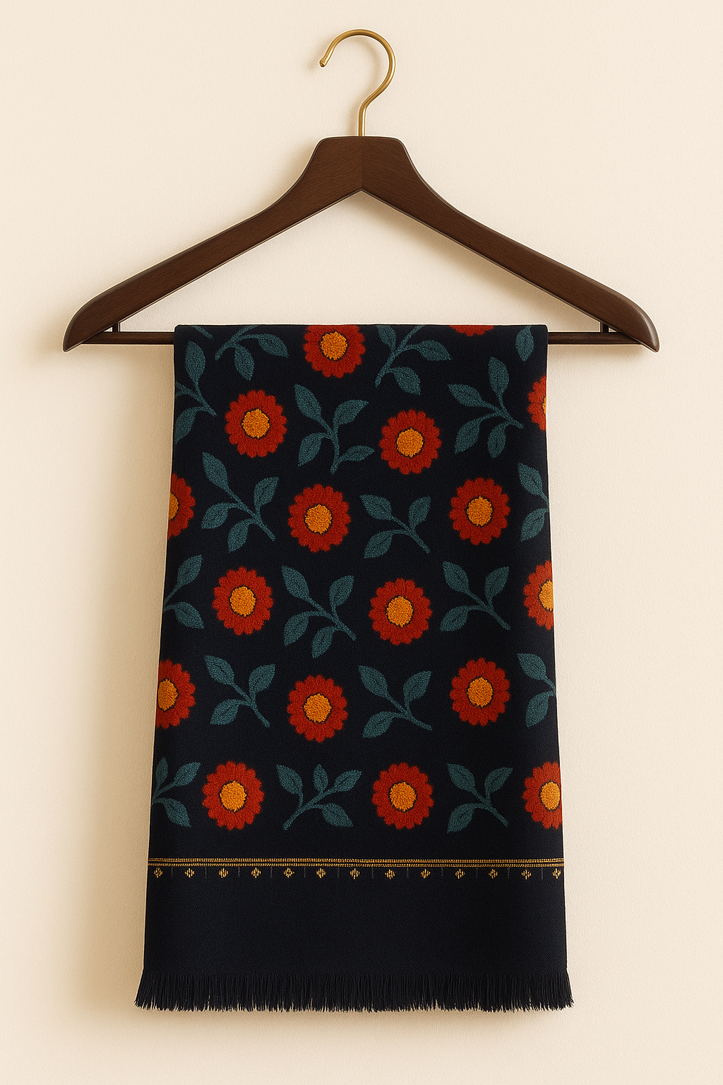Handcrafted Floral Pashmina Shawl – Midnight Navy with Golden Trim