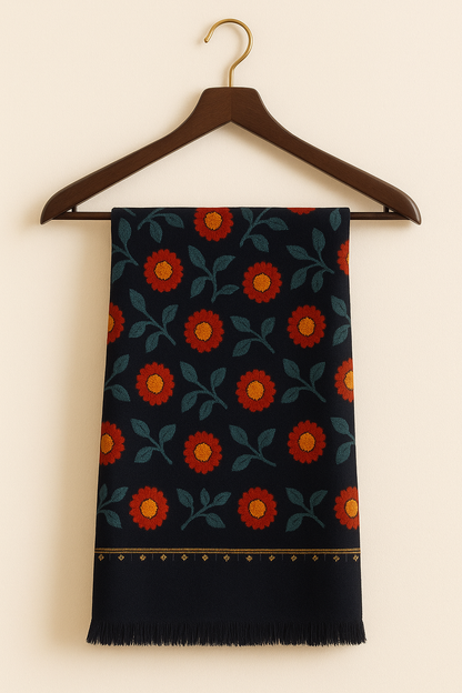 Handcrafted Floral Pashmina Shawl – Midnight Navy with Golden Trim