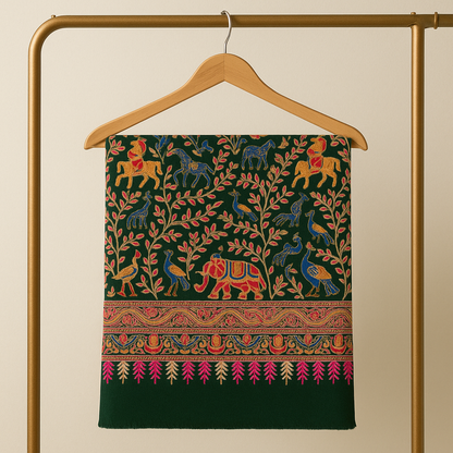 Handcrafted Pashmina Shawl with Multicolor Animal Embroidery Deep Green
