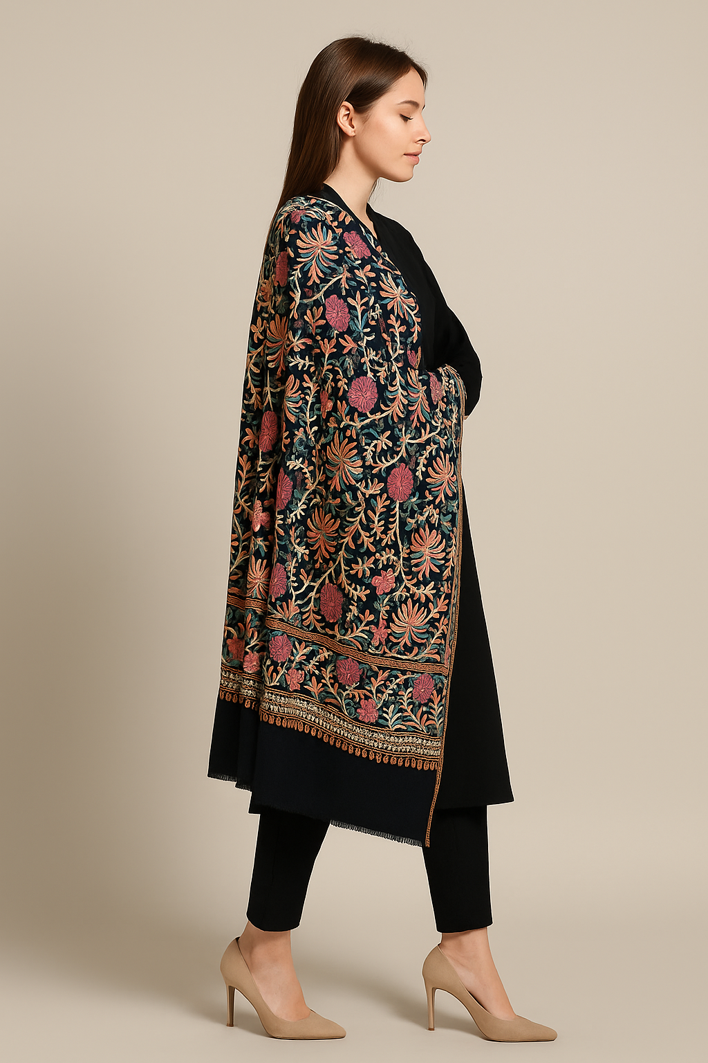Hand-Embroidered Pashmina Shawl – Midnight Bloom