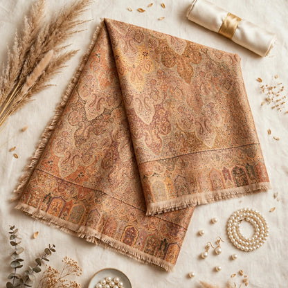 Reversible Kani Silk Zari Shawl - Beige Gold Paisley Pashmina Wrap