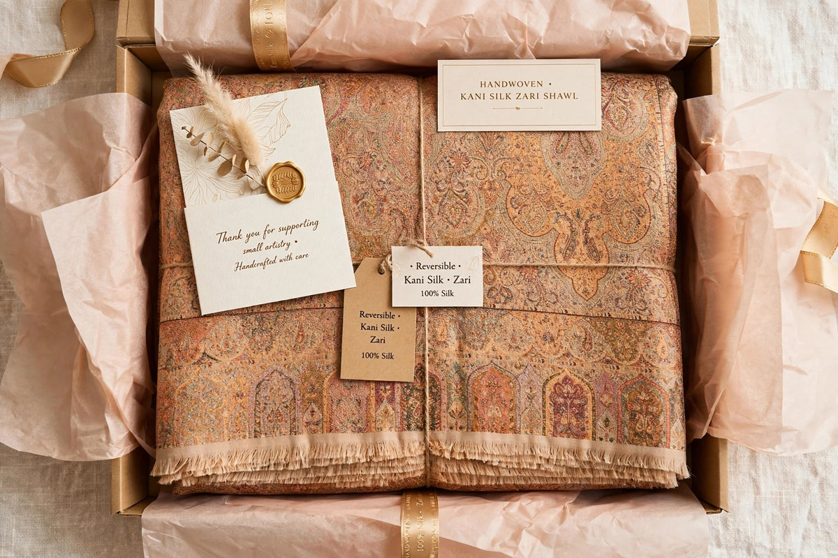 Reversible Kani Silk Zari Shawl - Beige Gold Paisley Pashmina Wrap