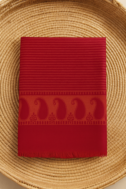 Red Pashmina Printed Shawl with Stripes & Paisley Border