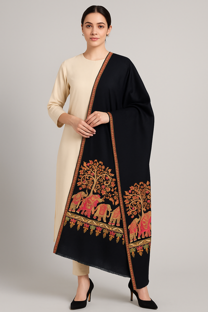 Majestic Elephant Embroidery Pashmina Shawl