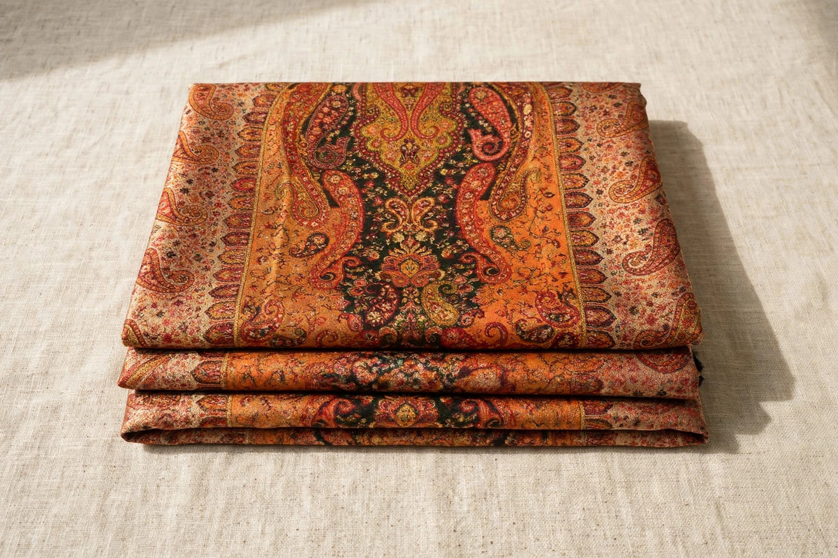 Heritage Jama Silk Zari Shawl Rust Orange & Gold Paisley Work
