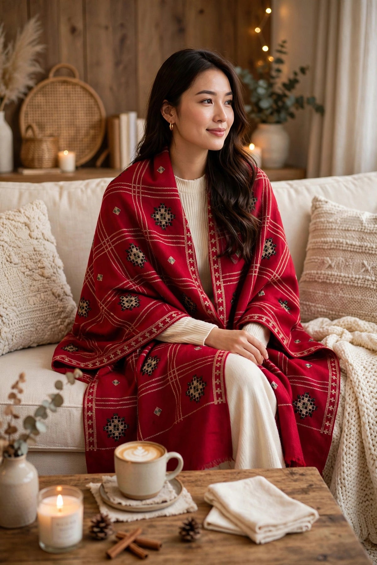 Ruby Red Embroidered Pashmina Shawl - Check Pattern with Mirror Work Motifs