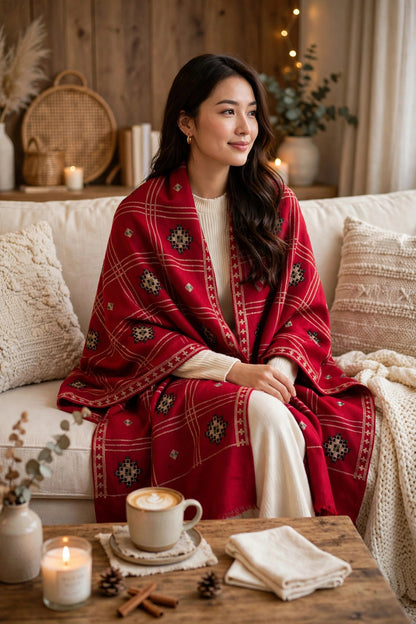 Ruby Red Embroidered Pashmina Shawl - Check Pattern with Mirror Work Motifs