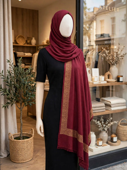 Maroon Gold Embroidered Pashmina Shawl - Luxury Wool Wrap