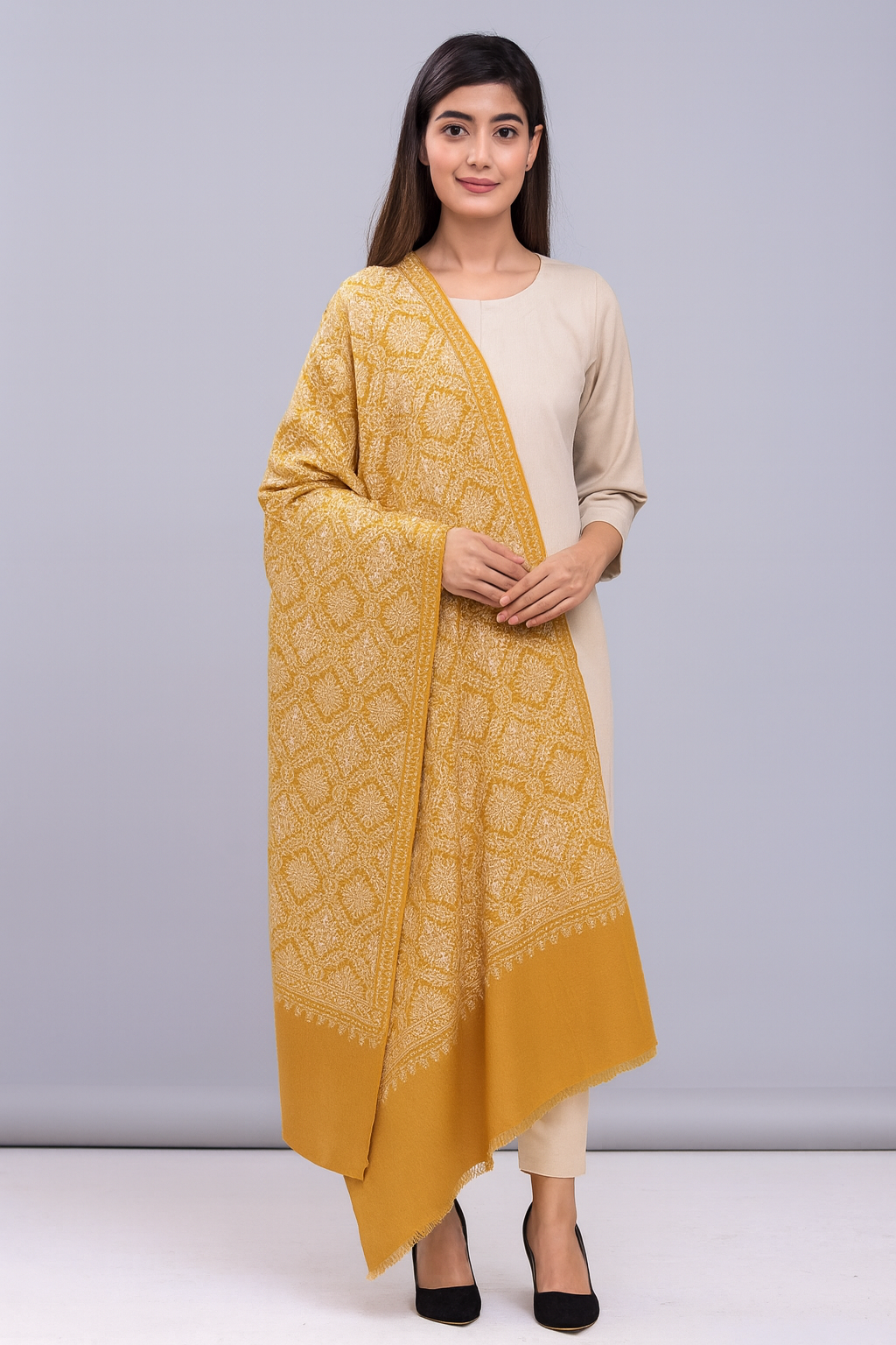 Mustard Golden Embroidered Pashmina Shawl – Timeless Luxury