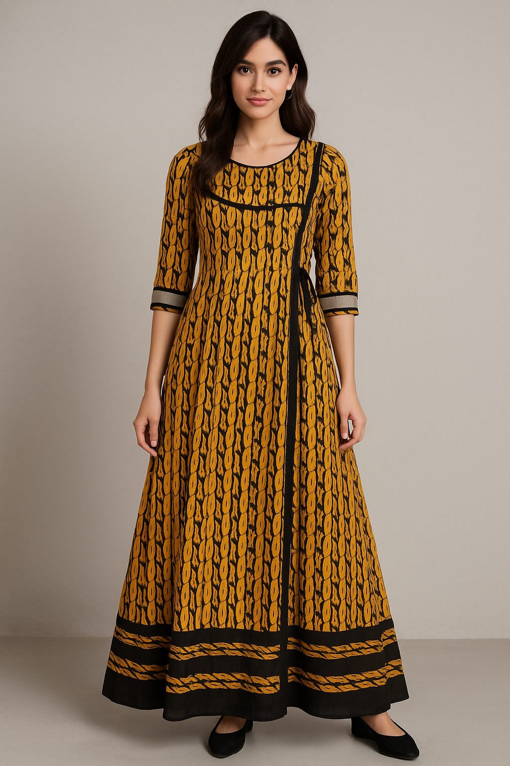 Mustard & Black Printed Lawn Maxi