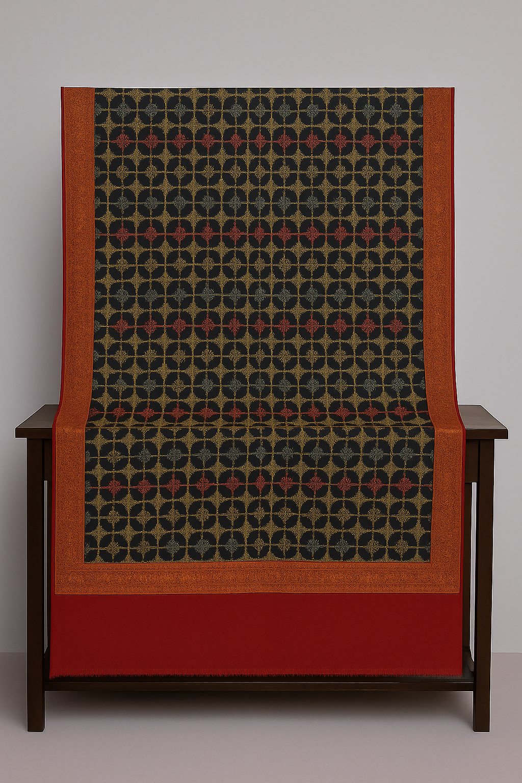 Luxury Pashmina Embroidered Shawl  Black & Deep Red with Golden Motifs