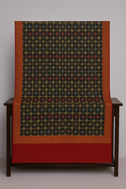 Luxury Pashmina Embroidered Shawl  Black & Deep Red with Golden Motifs