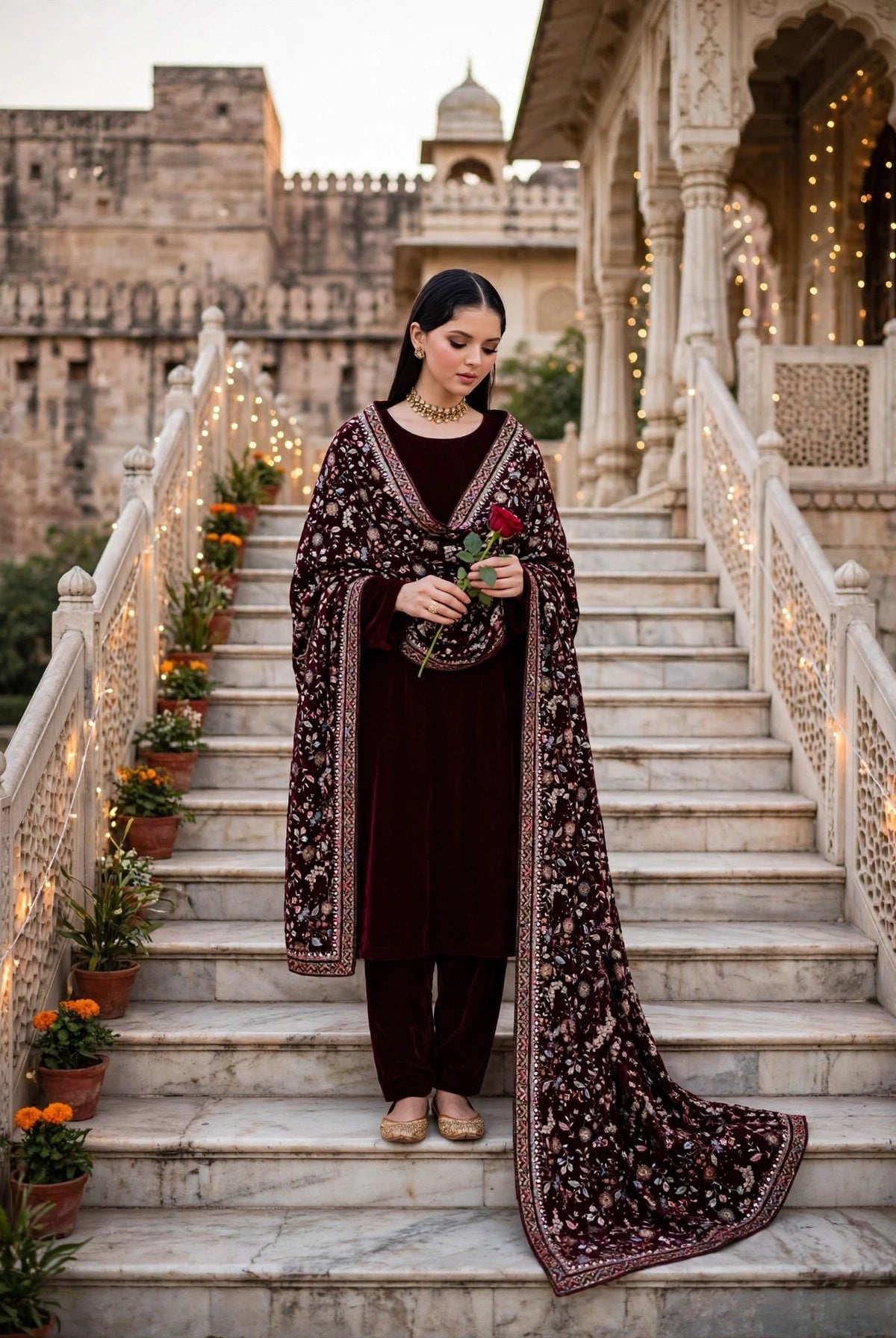 Raat Ki Rani - Burgundy Velvet Kalamkar Shawl Set
