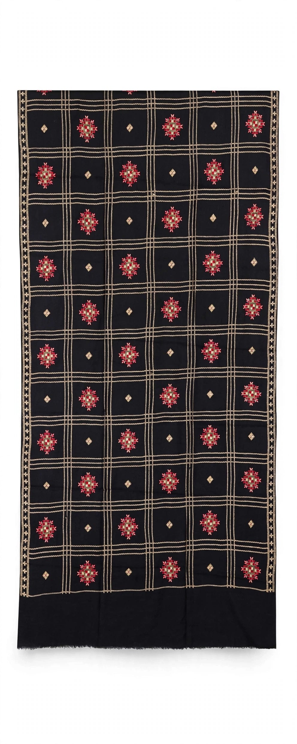 Noir Heritage - Black Embroidered Check Shawl with Red Motif