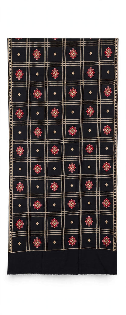 Noir Heritage - Black Embroidered Check Shawl with Red Motif