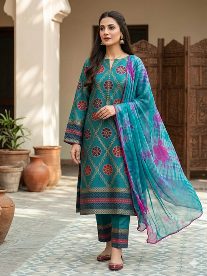 Elegant Teal Kattan Silk Hand-Block Printed Suit