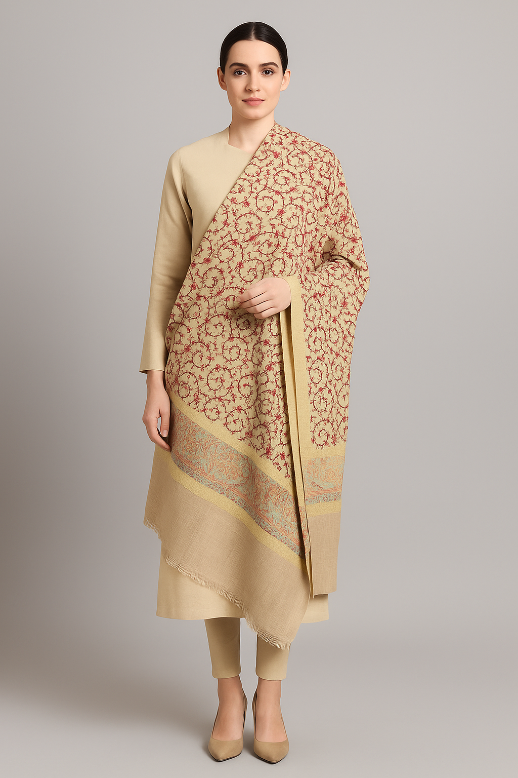 Elegant Beige Pashmina Embroidered Shawl