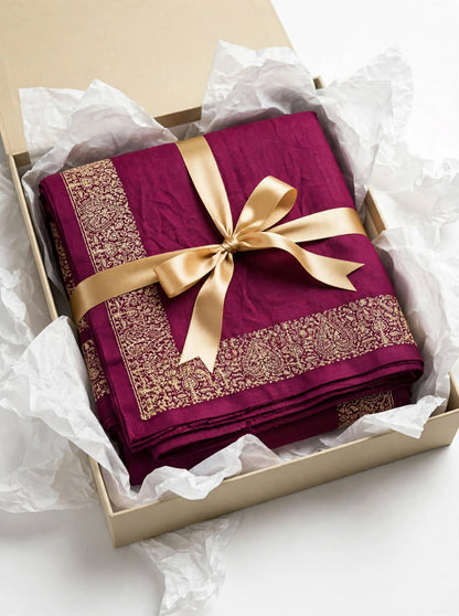 Plum Pashmina Shawl - Gold Embroidered Border - Formal Wrap