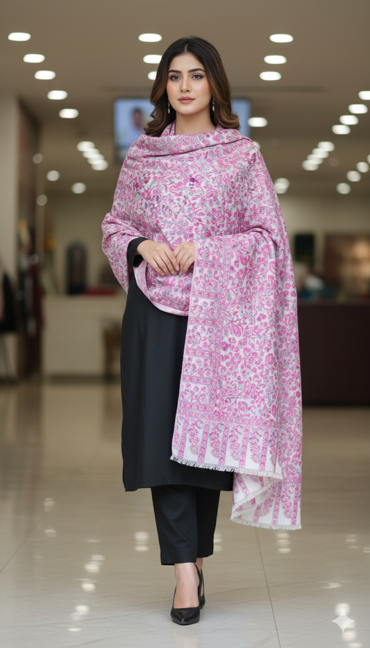 Elegant Pink Floral Kani Pashmina Shawl – Full Size
