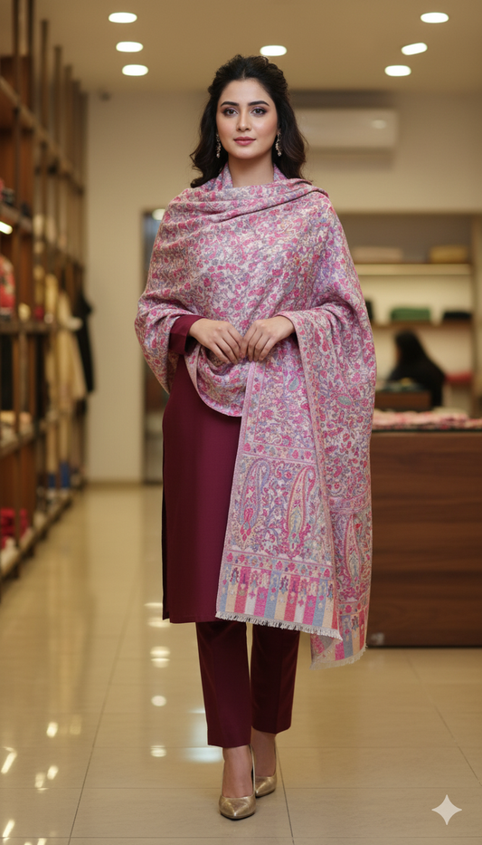 Blush Pink Kani Pashmina Shawl – Handcrafted Elegance