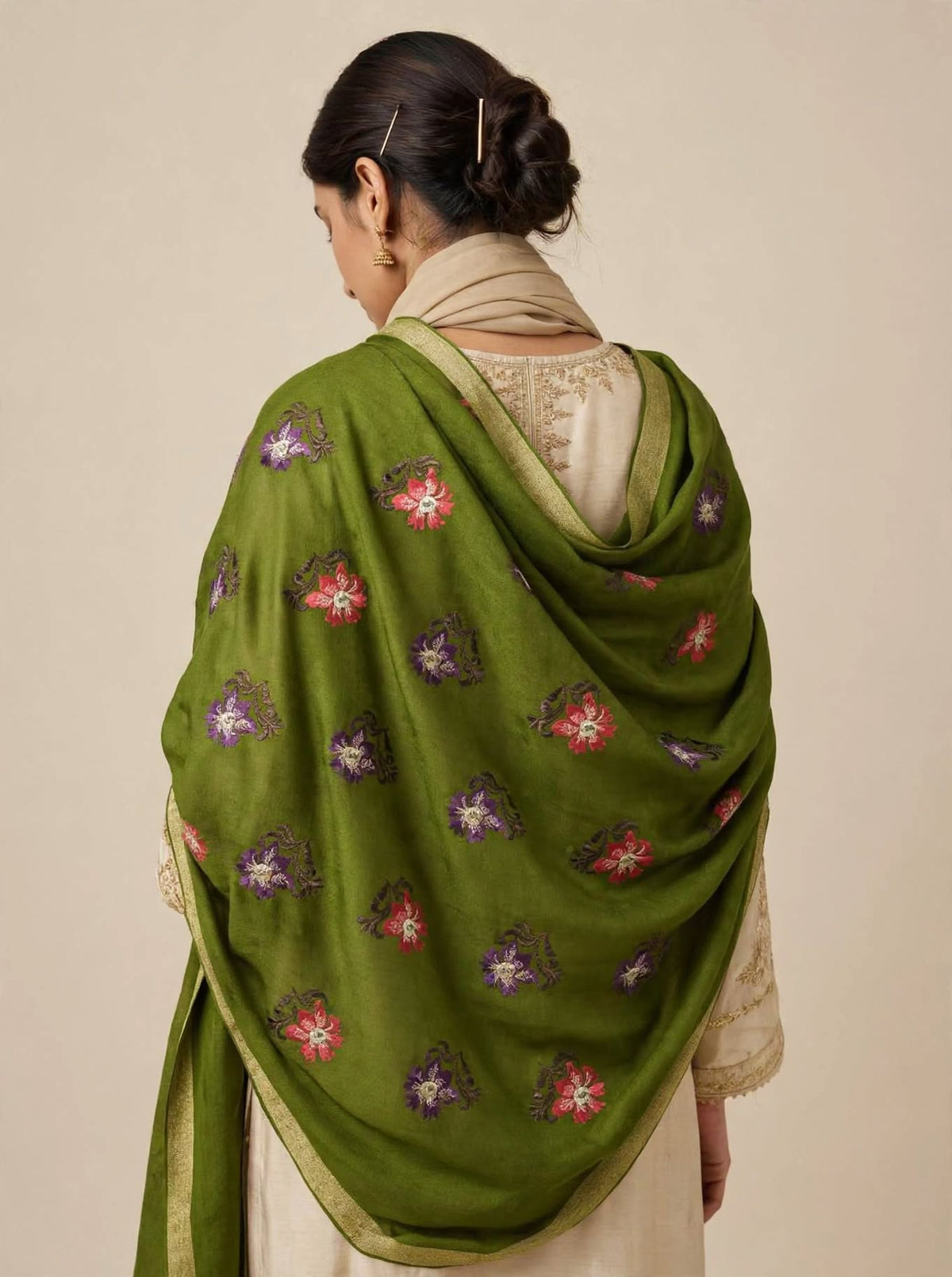 Olive Green Floral Embroidered Pashmina Shawl with Gold Zari Border