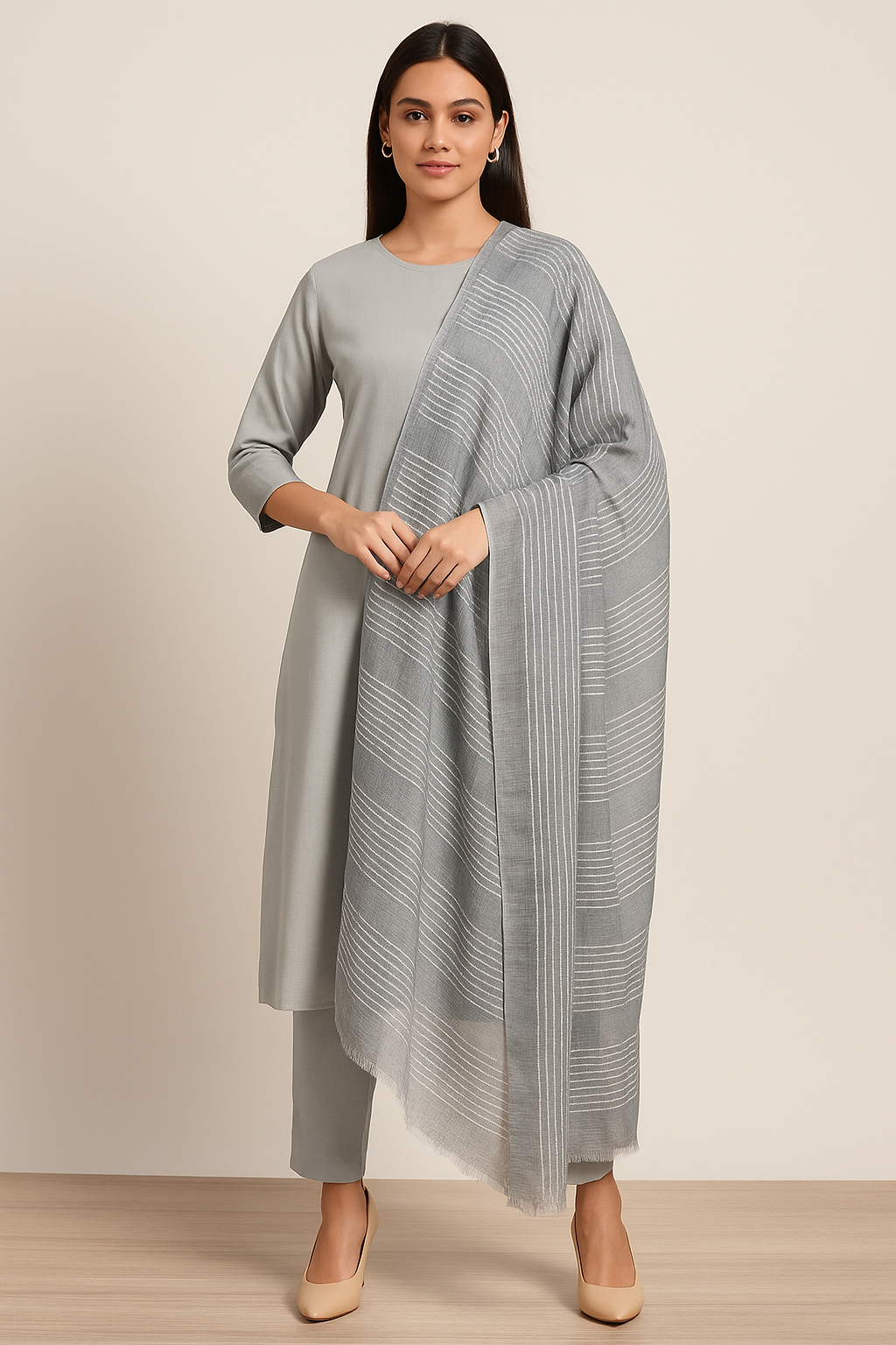 Elegant Grey Striped Lawn Dupatta