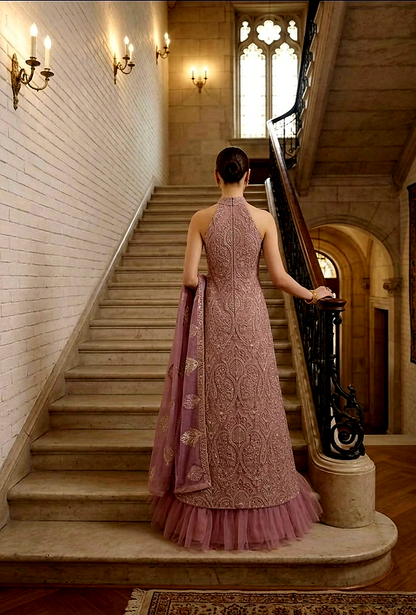Ethereal Lavender Laser-Cut Net Embroidered 3-Piece Unstitched Suit with Chiffon Dupatta